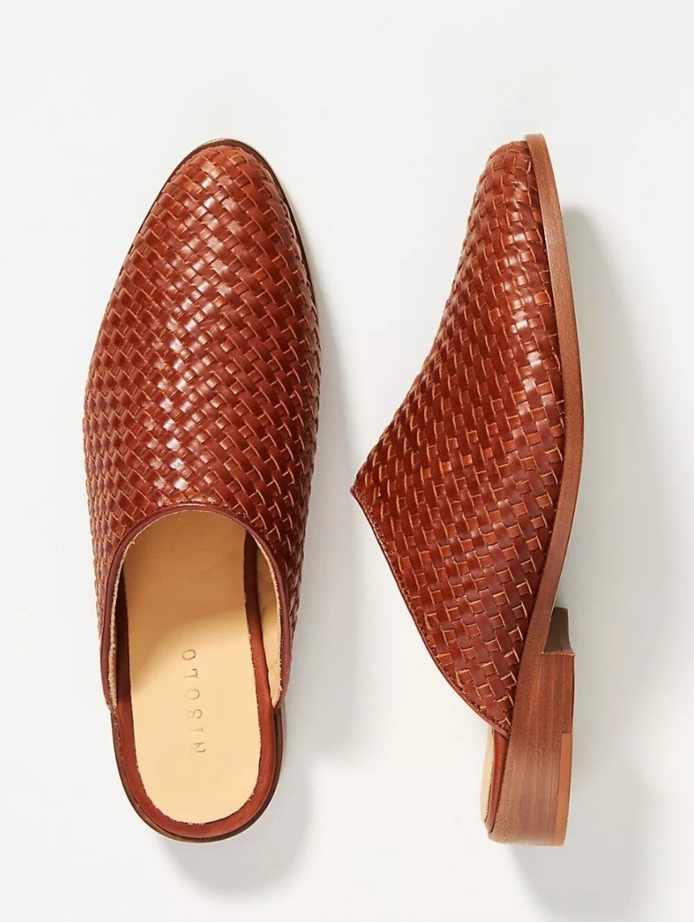 NISOLO Woven Leather Slip-On Mules in Cognac Size 8.5 Anthropologie Classy Chic